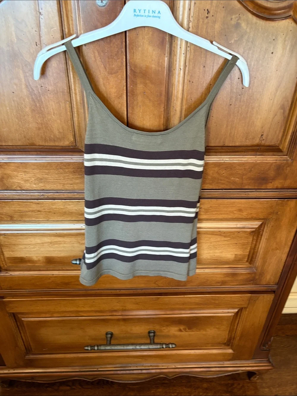 Women's Striped Olive Tank Camisole with Brown and Cream Bands